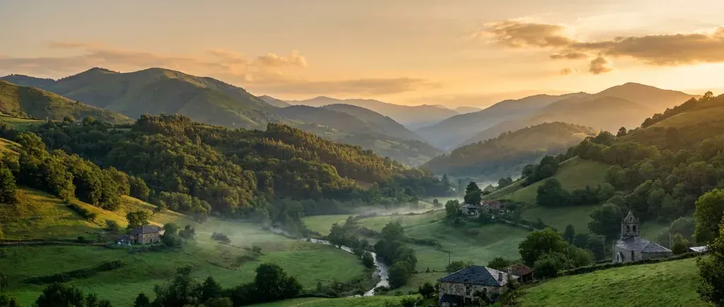 Valle asturiano al atardecer, con prados, bosque y una iglesia de piedra